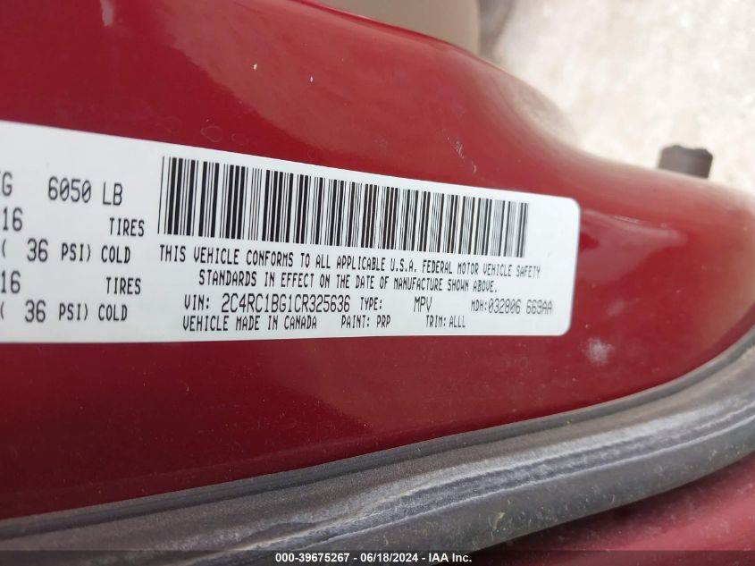 2012 Chrysler Town & Country Touring VIN: 2C4RC1BG1CR325636 Lot: 39675267