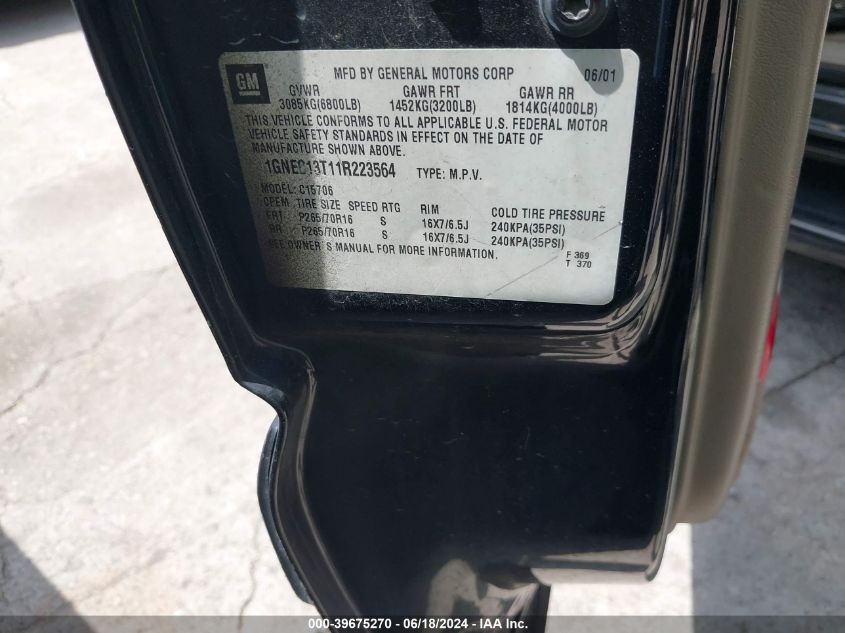 2001 Chevrolet Tahoe Lt VIN: 1GNEC13T11R223564 Lot: 39675270