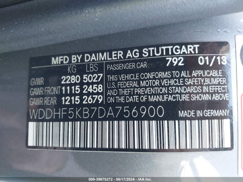 2013 Mercedes-Benz E 350 VIN: WDDHF5KB7DA756900 Lot: 39675272