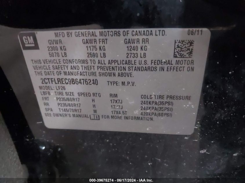 2011 GMC Terrain Sle VIN: 2CTFLREC9B6476240 Lot: 39675274