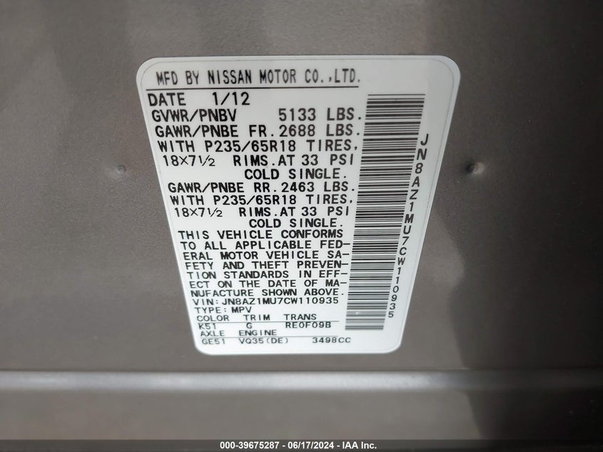 2012 Nissan Murano Sl VIN: JN8AZ1MU7CW110935 Lot: 39675287