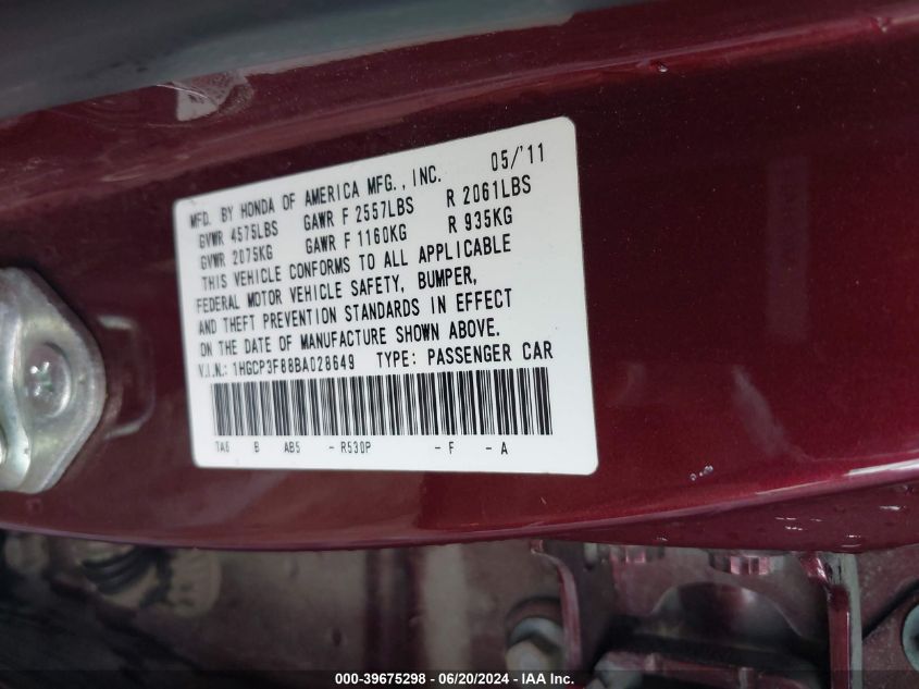 2011 Honda Accord 3.5 Ex-L VIN: 1HGCP3F88BA028649 Lot: 39675298