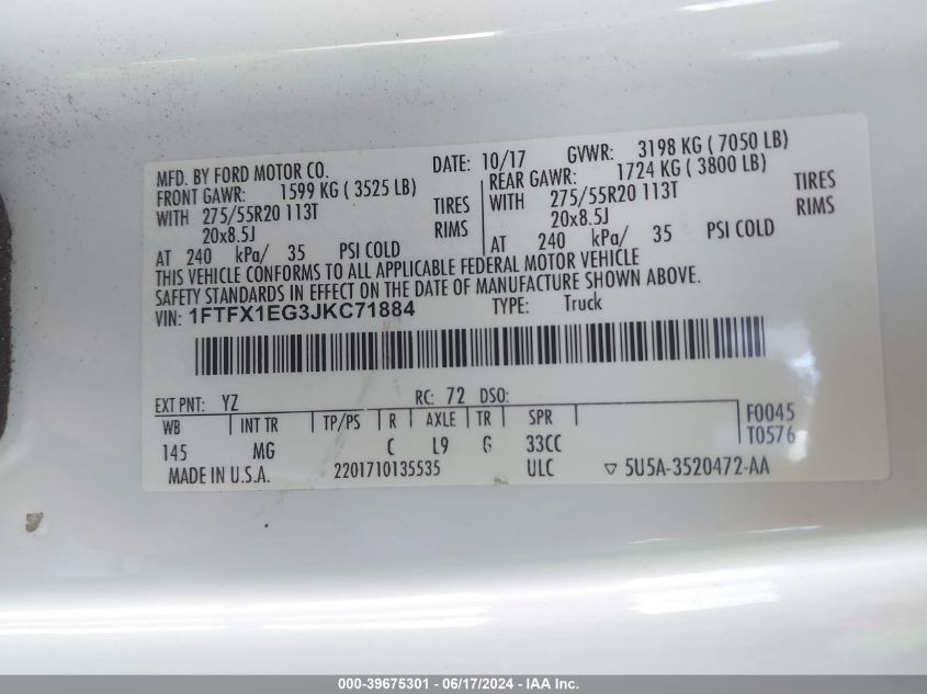 2018 Ford F-150 Xlt VIN: 1FTFX1EG3JKC71884 Lot: 39675301