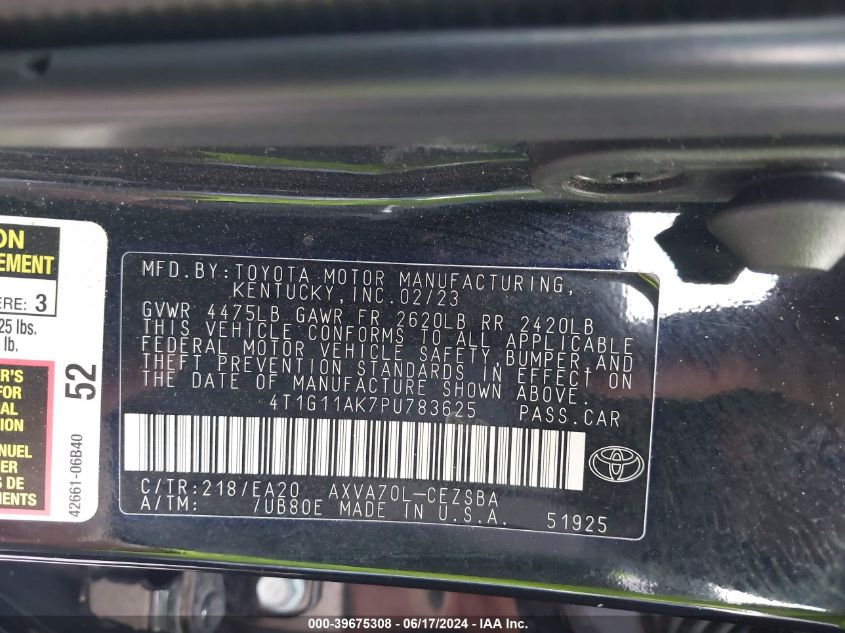 4T1G11AK7PU783625 | 2023 TOYOTA CAMRY