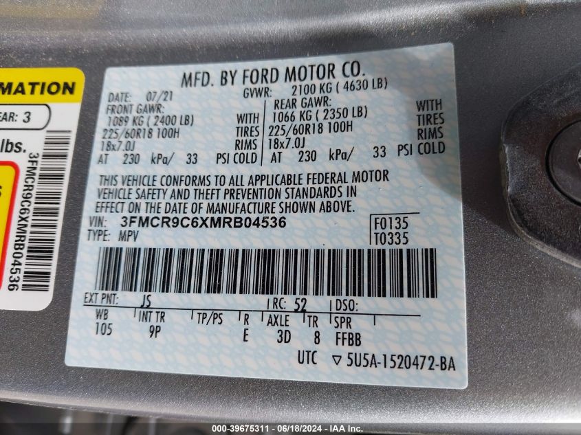 2021 Ford Bronco Sport Outer Banks VIN: 3FMCR9C6XMRB04536 Lot: 39675311