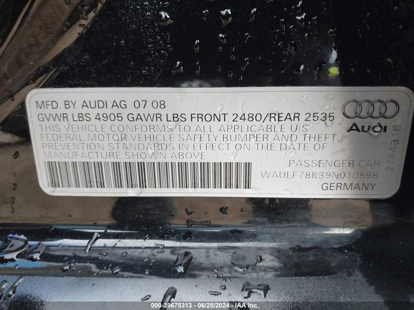 2009 Audi A4 2.0T Premium VIN: WAULF78K39N010898 Lot: 39675313