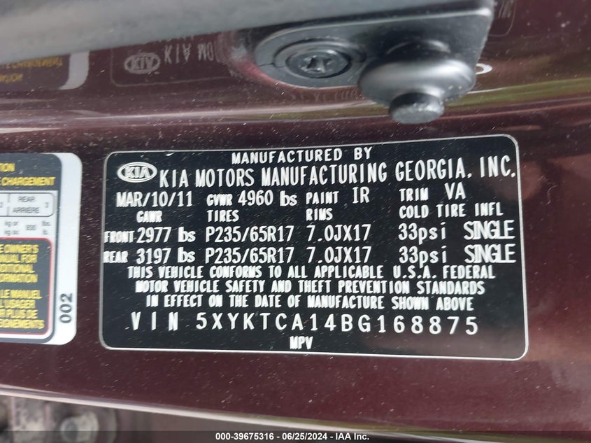 2011 Kia Sorento Lx VIN: 5XYKTCA14BG168875 Lot: 39675316