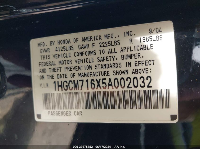 1HGCM716X5A002032 | 2005 HONDA ACCORD