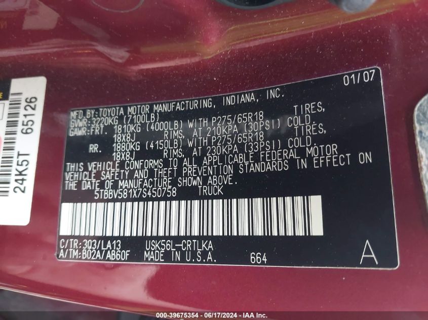 2007 Toyota Tundra Limited 5.7L V8 VIN: 5TBBV581X7S450758 Lot: 39675354