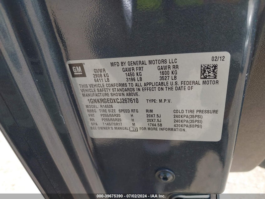 2012 Chevrolet Traverse 1Lt VIN: 1GNKRGEDXCJ267610 Lot: 39675390