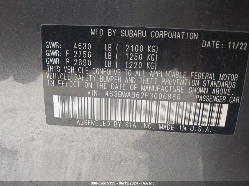 2023 Subaru Legacy VIN: 4S3BWAB62P3006860 Lot: 39675399