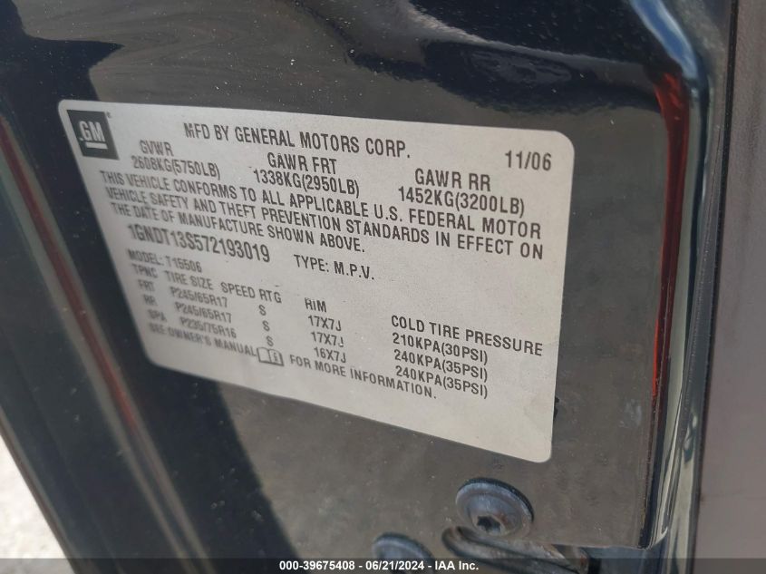 2007 Chevrolet Trailblazer Ls VIN: 1GNDT13S572193019 Lot: 39675408