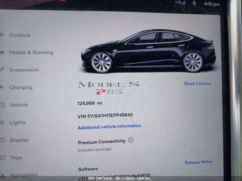 2014 Tesla Model S P85 VIN: 5YJSA1H11EFP45843 Lot: 39675420