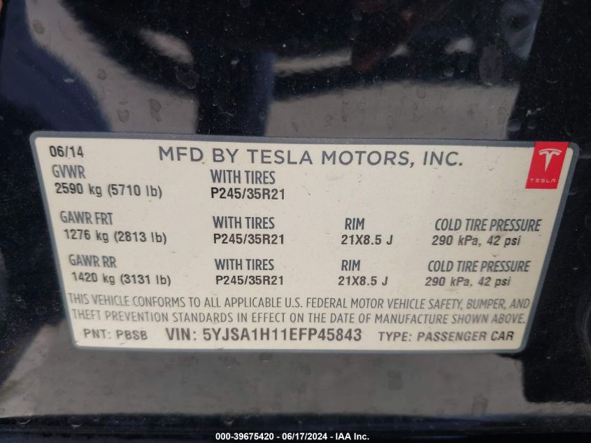 2014 Tesla Model S P85 VIN: 5YJSA1H11EFP45843 Lot: 39675420