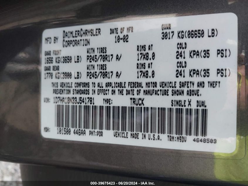 2003 Dodge Ram 1500 St/Slt VIN: 1D7HA18N33J541781 Lot: 39675423