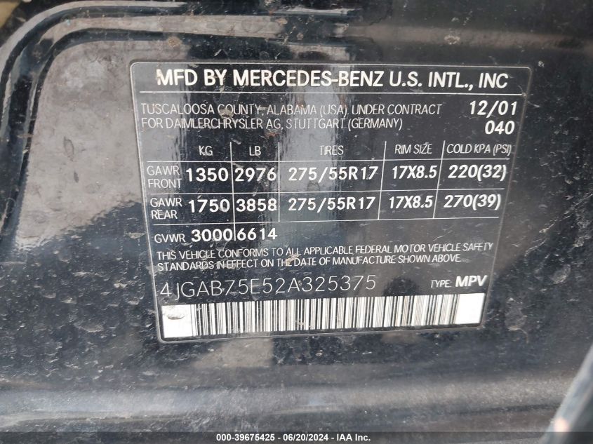 2002 Mercedes-Benz Ml 500 500 VIN: 4JGAB75E52A325375 Lot: 39675425