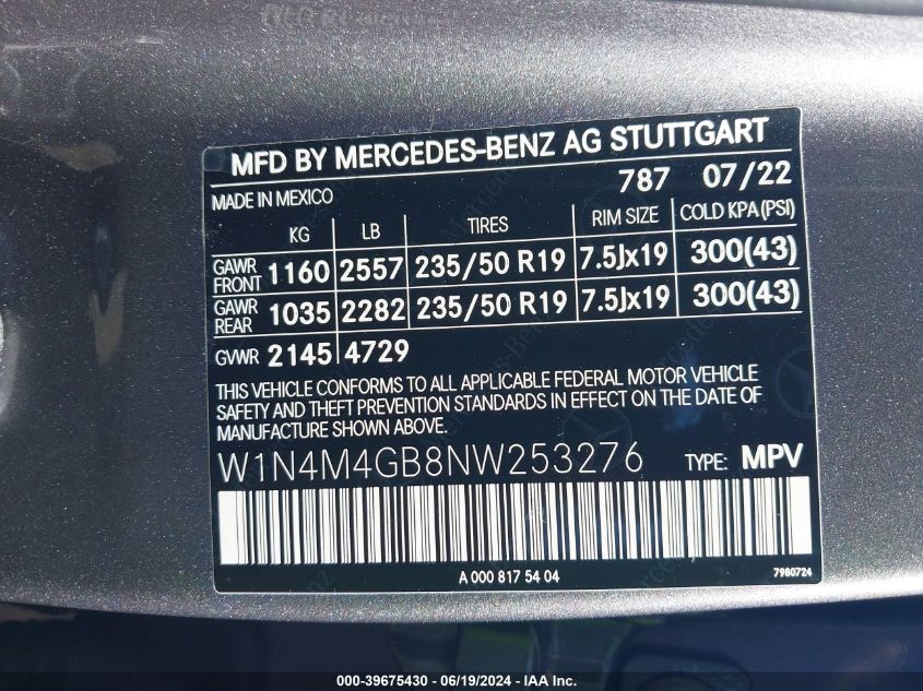 W1N4M4GB8NW253276 2022 Mercedes-Benz Glb 250