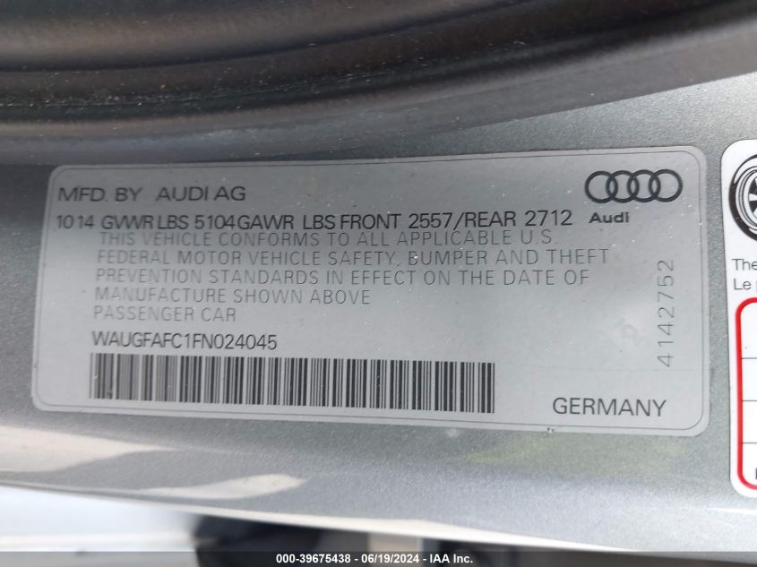 2015 Audi A6 Premium Plus VIN: WAUGFAFC1FN024045 Lot: 39675438