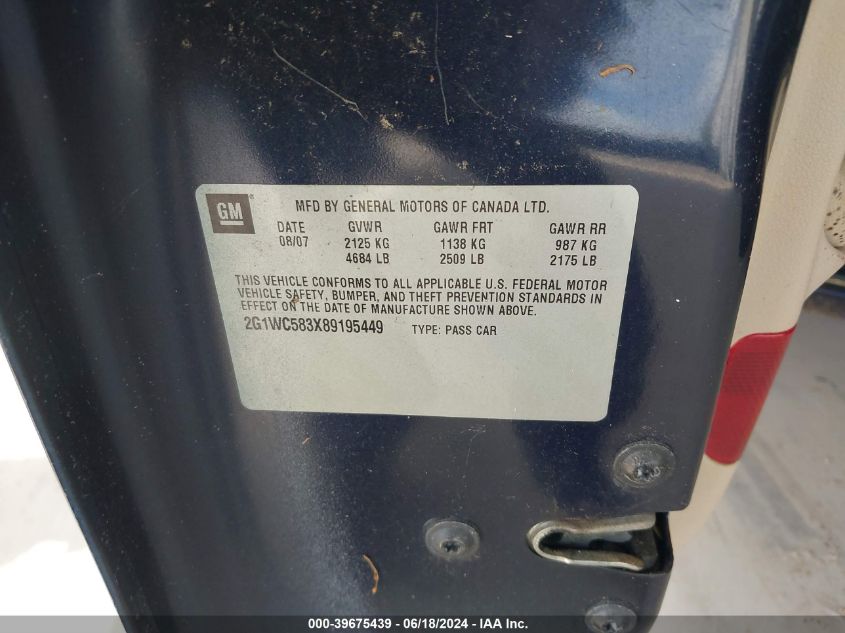 2008 Chevrolet Impala Lt VIN: 2G1WC583X89195449 Lot: 39675439