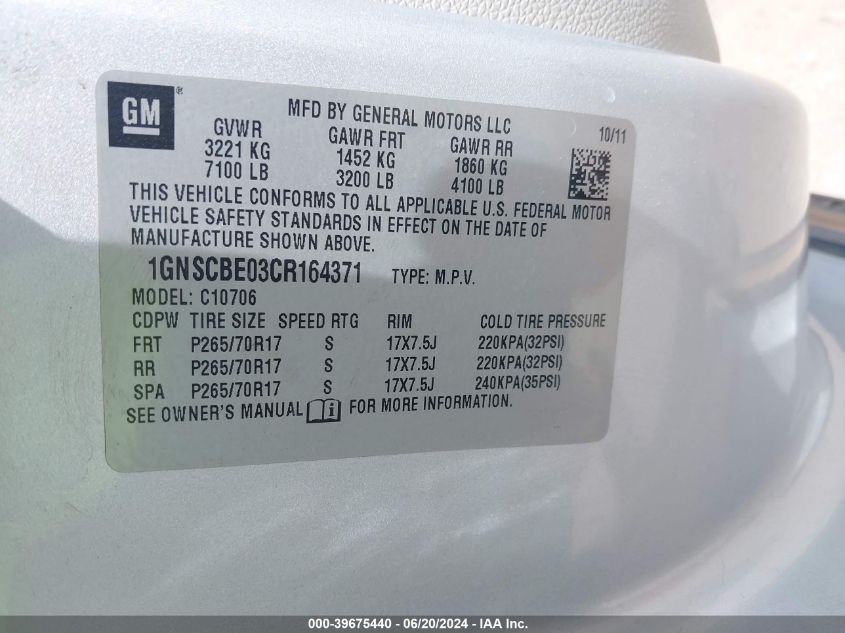 2012 Chevrolet Tahoe Lt VIN: 1GNSCBE03CR164371 Lot: 39675440