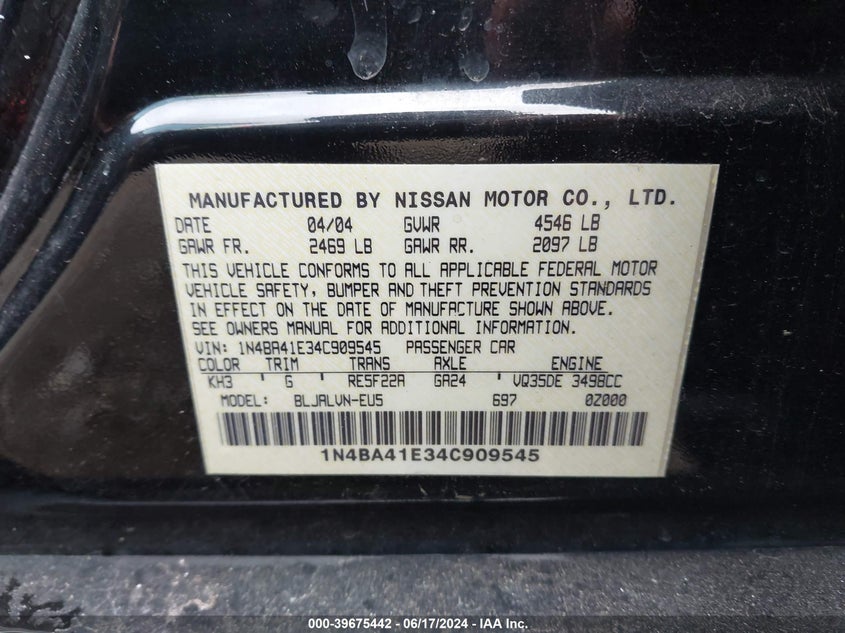 2004 Nissan Maxima 3.5 Sl VIN: 1N4BA41E34C909545 Lot: 39675442