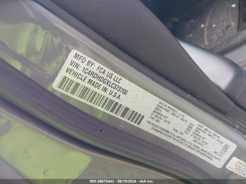 2020 Dodge Durango Gt VIN: 1C4RDHDGXLC373700 Lot: 39675443