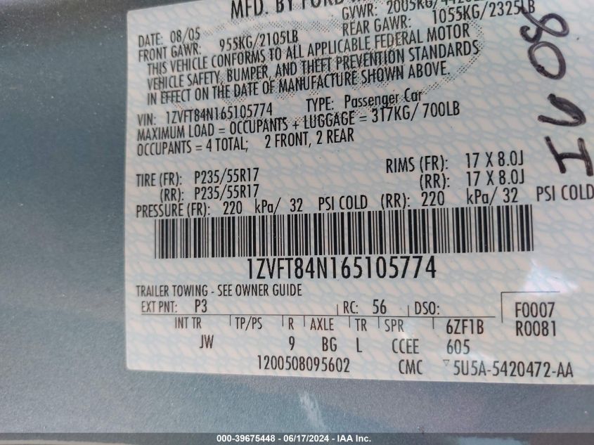 2006 Ford Mustang V6 VIN: 1ZVFT84N165105774 Lot: 39675448