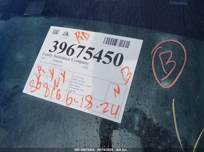 2011 Nissan 370Z Touring VIN: JN1AZ4EH9BM552322 Lot: 39675450