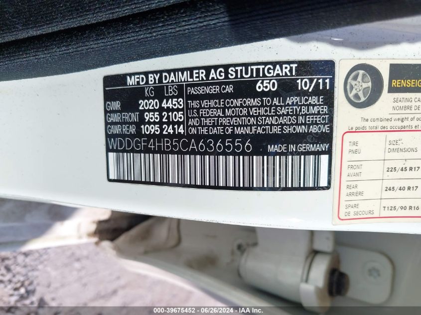 2012 Mercedes-Benz C 250 Luxury/Sport VIN: WDDGF4HB5CA636556 Lot: 39675452