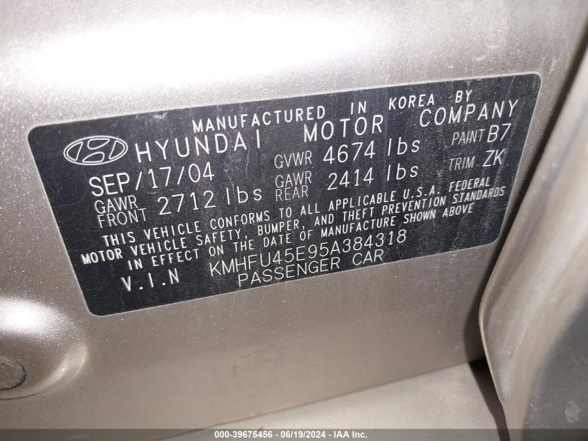 2005 Hyundai Xg350 L VIN: KMHFU45E95A384318 Lot: 39675456