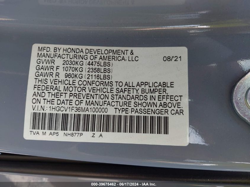 2021 Honda Accord Sport VIN: 1HGCV1F36MA100000 Lot: 39675462