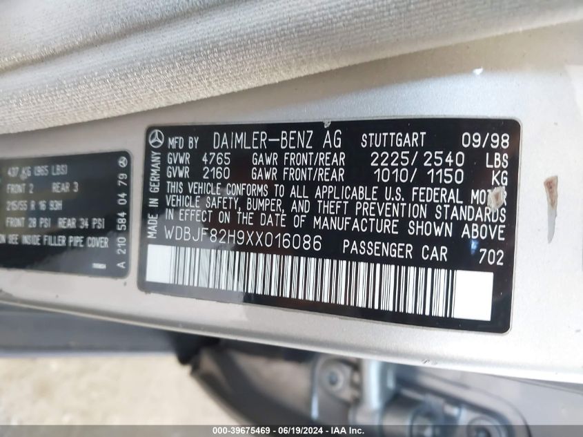 1999 Mercedes-Benz E 320 320 4Matic VIN: WDBJF82H9XX016086 Lot: 39675469