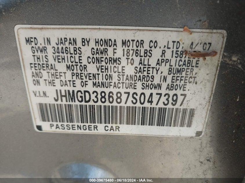 2007 Honda Fit Sport VIN: JHMGD38687S047397 Lot: 39675480