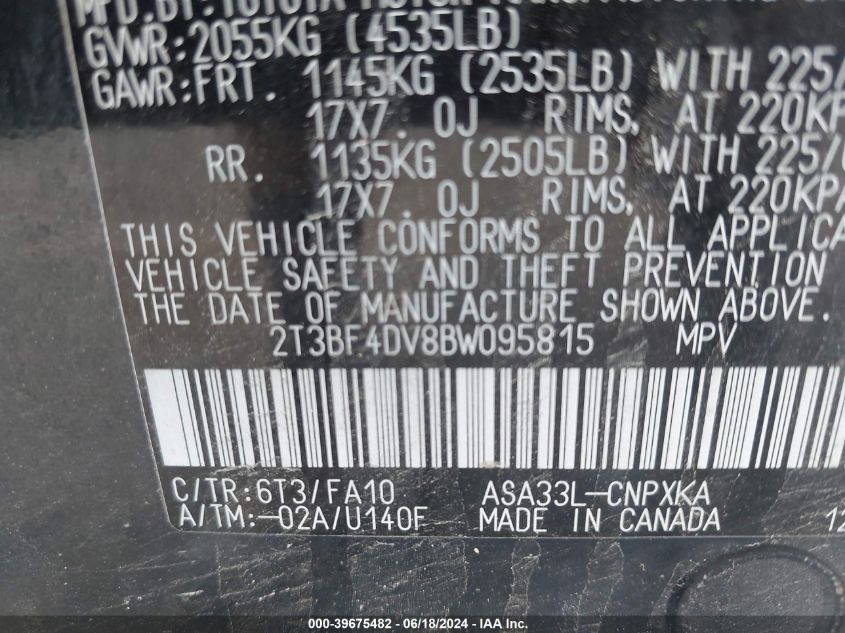 2011 Toyota Rav4 VIN: 2T3BF4DV8BW095815 Lot: 39675482