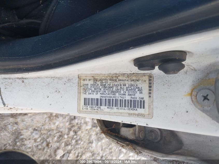 1994 Toyota Corolla VIN: 1NXAE04B1RZ117427 Lot: 39675494