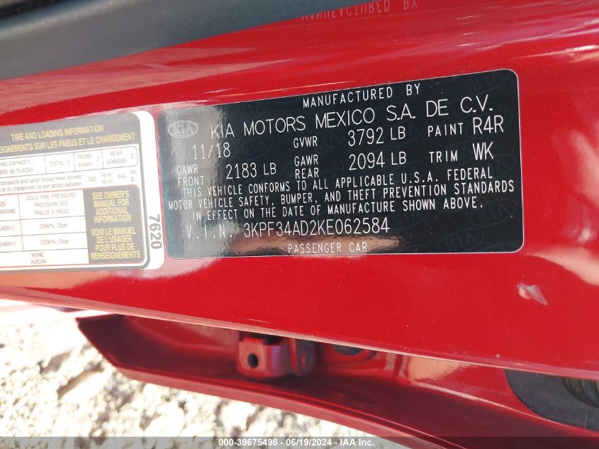 2019 Kia Forte S VIN: 3KPF34AD2KE062584 Lot: 39675498