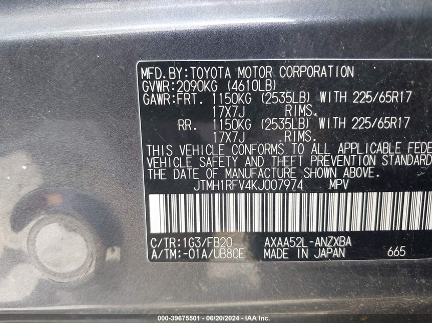 2019 TOYOTA RAV4 LE - JTMH1RFV4KJ007974