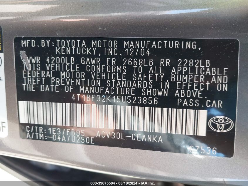 2005 Toyota Camry Le VIN: 4T1BE32K15U523856 Lot: 39675504