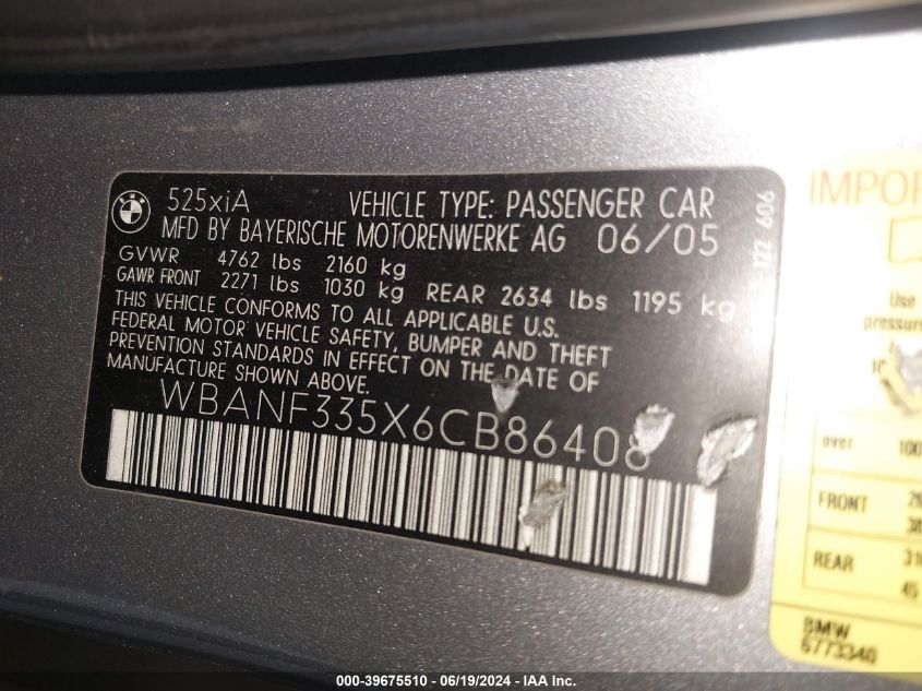 2006 BMW 525Xi VIN: WBANF335X6CB86408 Lot: 39675510