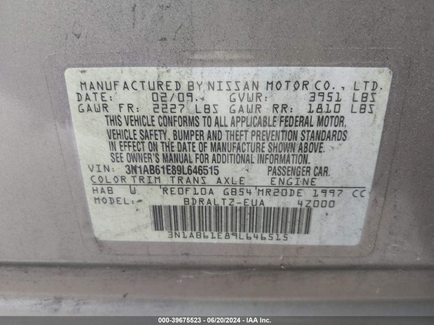 2009 Nissan Sentra 2.0S VIN: 3N1AB61E89L646515 Lot: 39675523