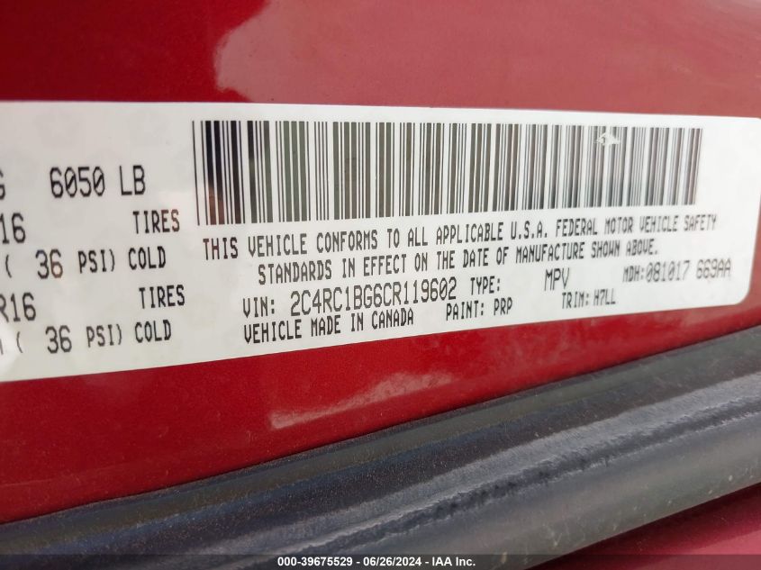 2012 Chrysler Town & Country Touring VIN: 2C4RC1BG6CR119602 Lot: 39675529