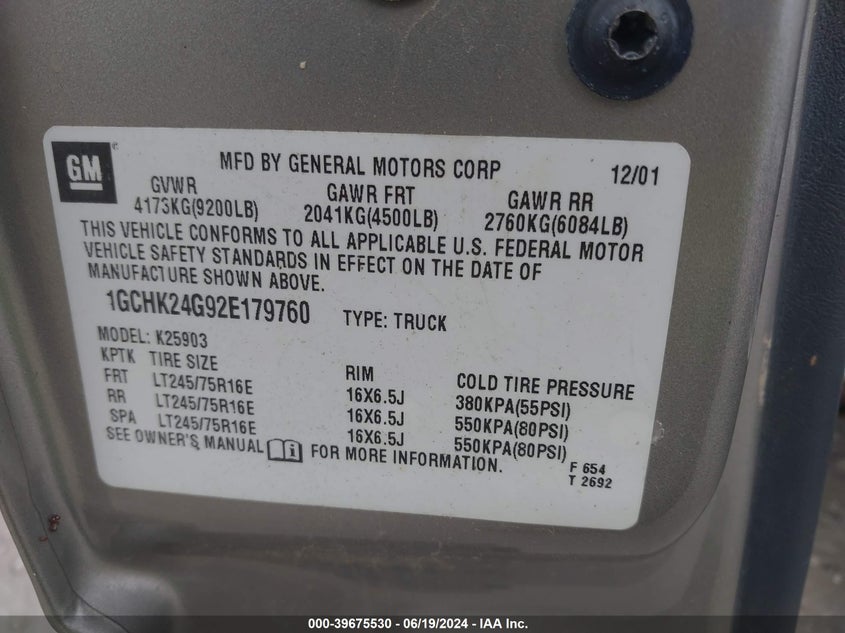2002 Chevrolet Silverado K2500 Heavy Duty VIN: 1GCHK24G92E179760 Lot: 39675530