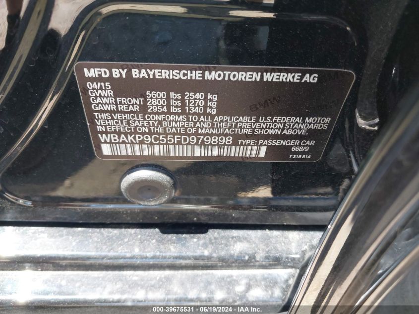 2015 BMW 550I xDrive VIN: WBAKP9C55FD979898 Lot: 39675531