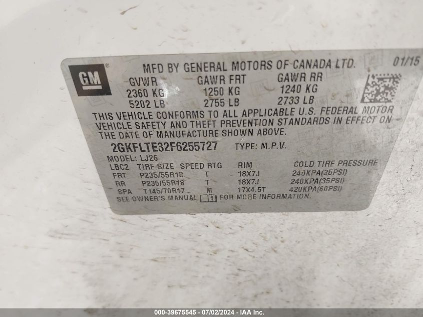 2015 GMC Terrain Slt-2 VIN: 2GKFLTE32F6255727 Lot: 39675545