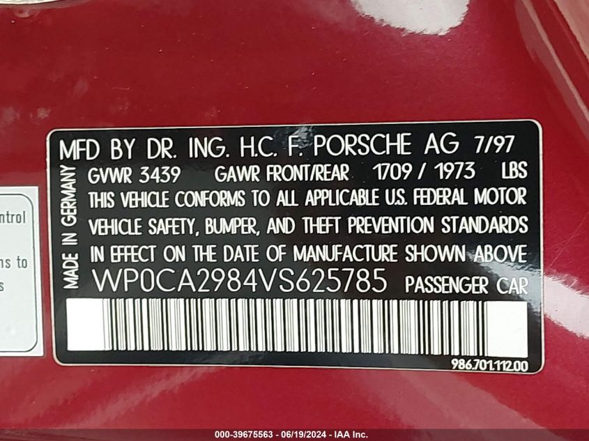 1997 Porsche Boxster VIN: WP0CA2984VS625785 Lot: 39675563