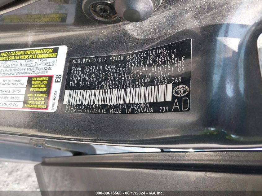 2011 Toyota Corolla Le VIN: 2T1BU4EE4BC581553 Lot: 39675565