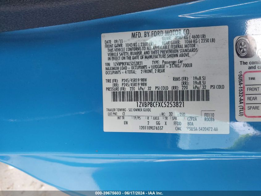 2012 Ford Mustang Gt Premium VIN: 1ZVBP8CFXC5253821 Lot: 39675603