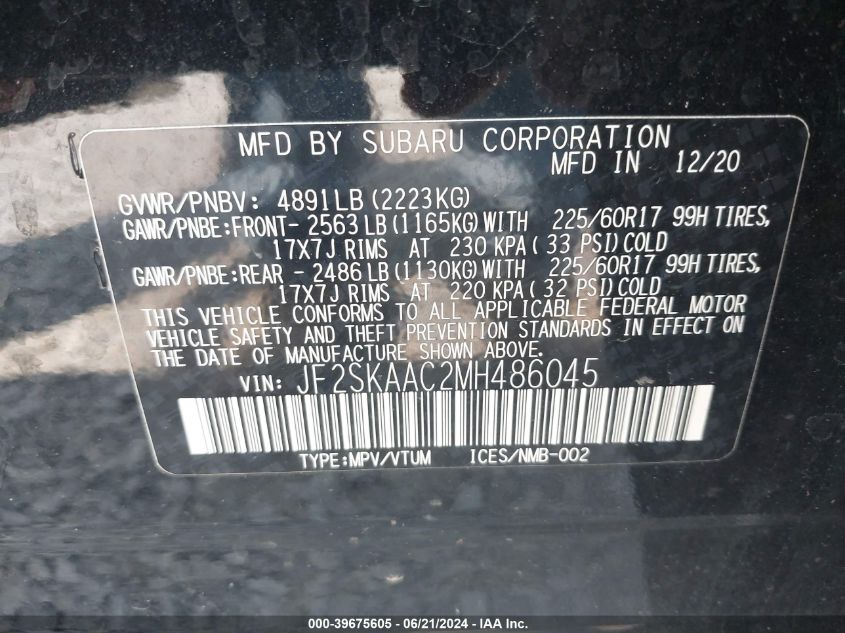 2021 Subaru Forester VIN: JF2SKAAC2MH486045 Lot: 39675605