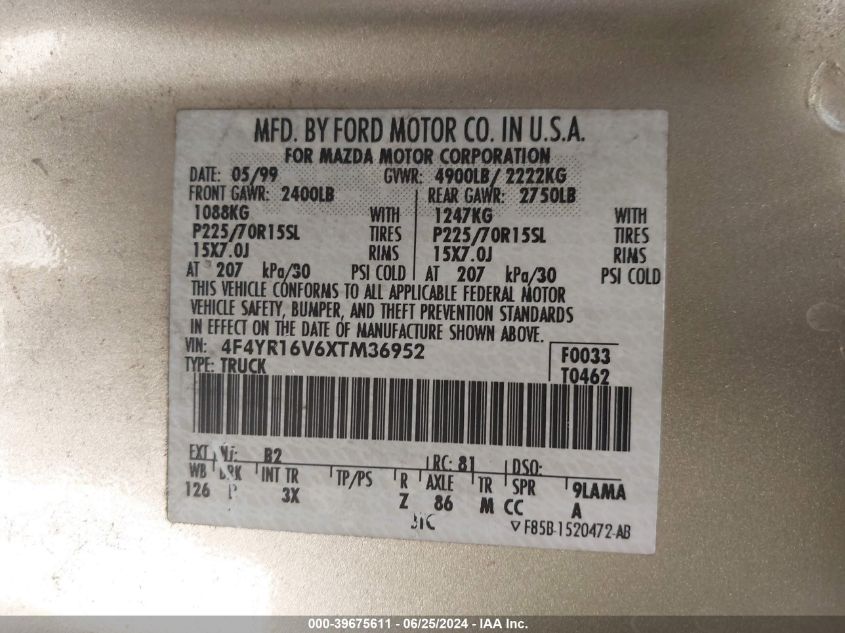 1999 Mazda B3000 Se/Tl VIN: 4F4YR16V6XTM36952 Lot: 39675611