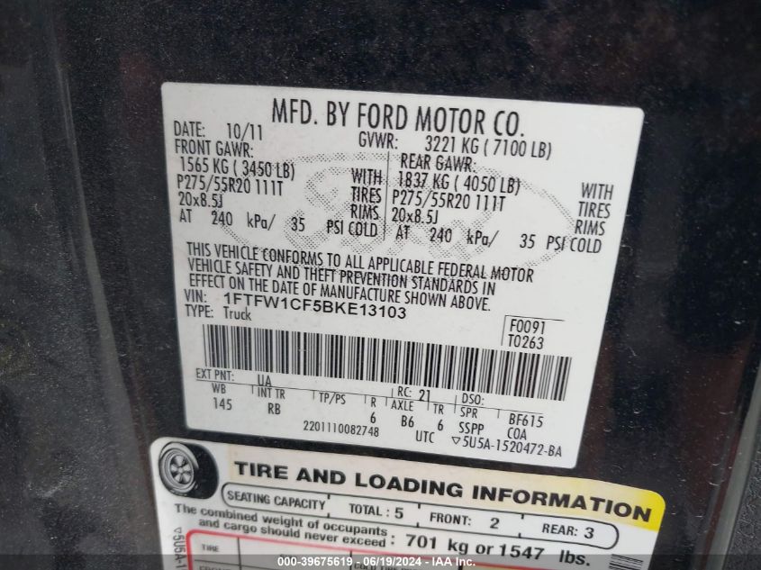 2011 Ford F-150 Fx2 VIN: 1FTFW1CF5BKE13103 Lot: 39675619